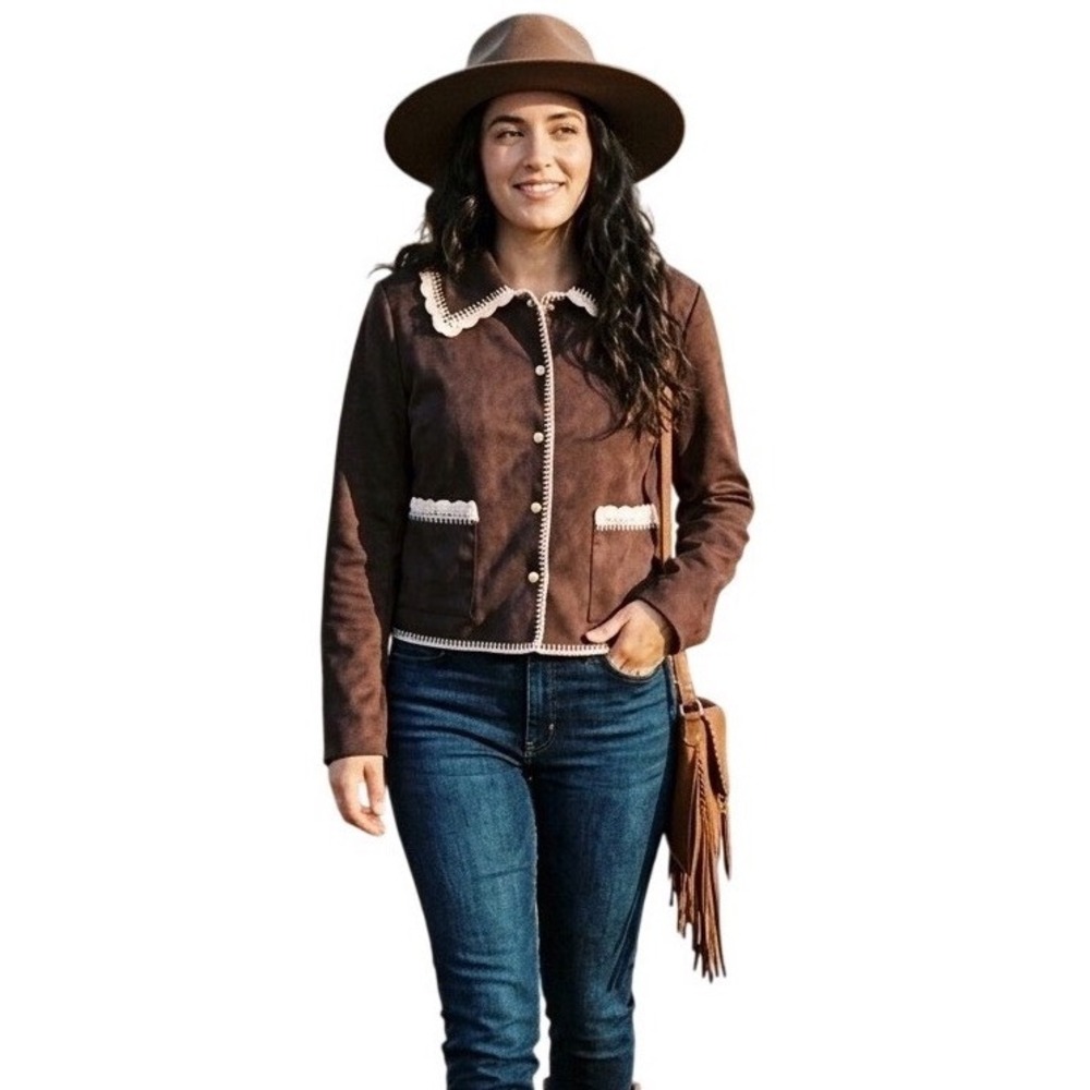 Bagatelle Collection Brown Faux Suede Crochet Trim Western Jacket Womens Medium